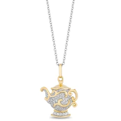 Enchanted Disney Fine Jewelry 10K Yellow Gold and Sterling Silver Chain with 1/10 CTTW Diamond Belle 30th Mrs. Potts Pendant Necklace