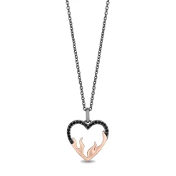 Enchanted Disney Fine Jewelry Black Rhodium Over Sterling Silver and 10K Rose Gold 1/6 CTTW Black Diamonds Maleficent Heart On Fire Pendant Necklace