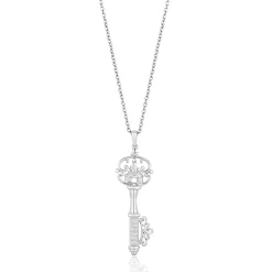 Enchanted Disney Fine Jewelry Sterling Silver 1/20 CTTW Diamond Majestic Princess Tiara Key Pendant Necklace