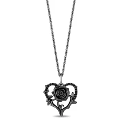 Enchanted Disney Fine Jewelry Black Rhodium Over Sterling Silver with 1/6 CTTW Diamonds Maleficent Heart Rose Pendant Necklace