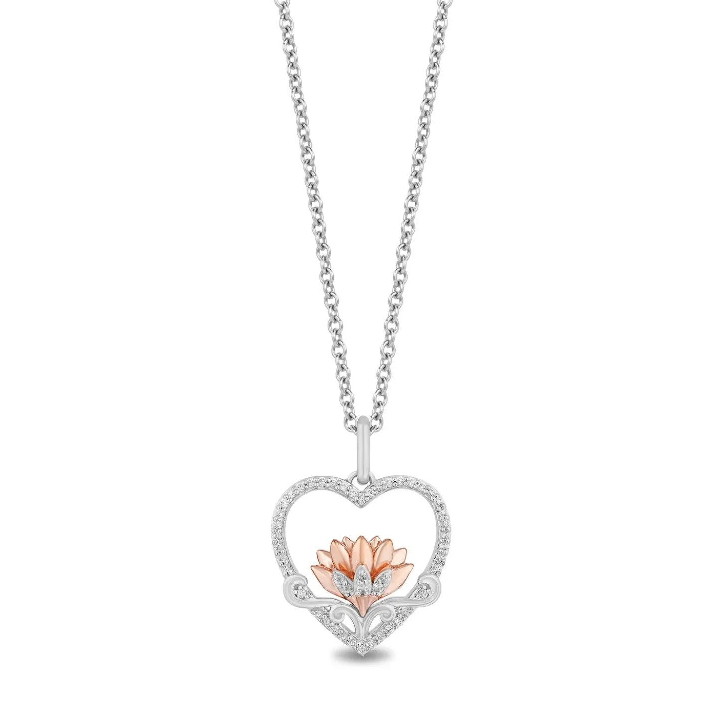 Enchanted Disney Fine Jewelry 14K Rose Gold Over Sterling Silver 1/5 CTTW Jasmine Lotus in Heart Pendant Necklace