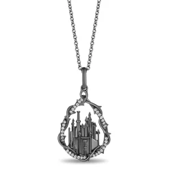 Enchanted Disney Fine Jewelry Black Rhodium Over Sterling Silver with 1/10 CTTW White Diamond Maleficent Castle Pendant Necklace