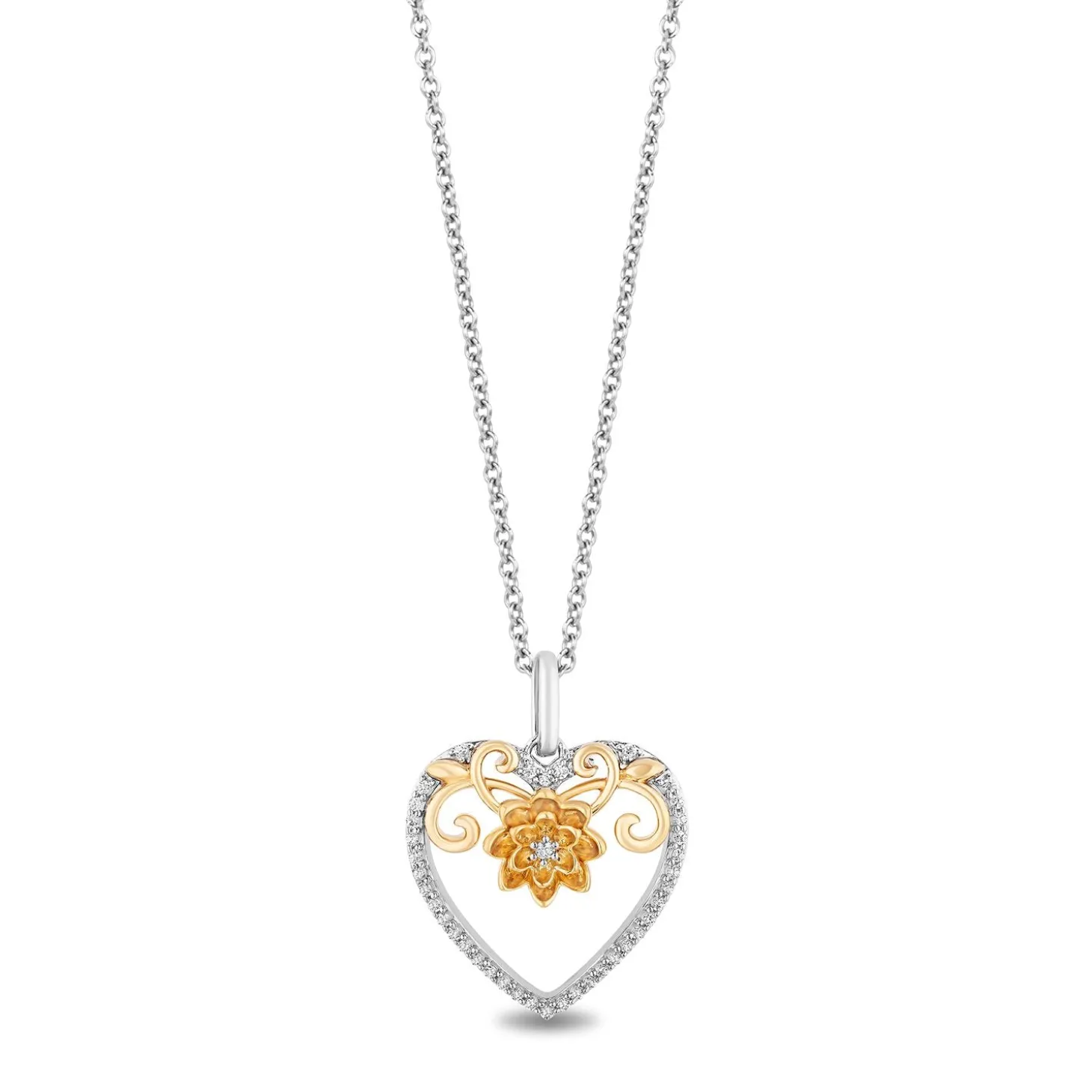 Enchanted Disney Fine Jewelry Sterling Silver and 10K Yellow Gold With 1/6 CTTW Tiana Heart Pendant Necklace