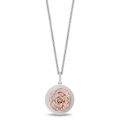 Enchanted Disney Fine Jewelry Sterling Silver and 10K Rose Gold with 1/8 CTTW Diamonds and White Topaz Belle Pendant Necklace