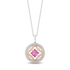 Enchanted Disney Fine Jewelry 14K Rose Gold Over Sterling Silver with 1/5 CTTW Diamond and Created Pink Sapphire Aurora Pendant Necklace