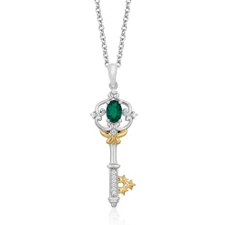 Enchanted Disney Fine Jewelry 14K Yellow Gold over Sterling Silver with 1/20 CTTW Diamond and Created Emerald Tinker Bell Key Pendant Necklace