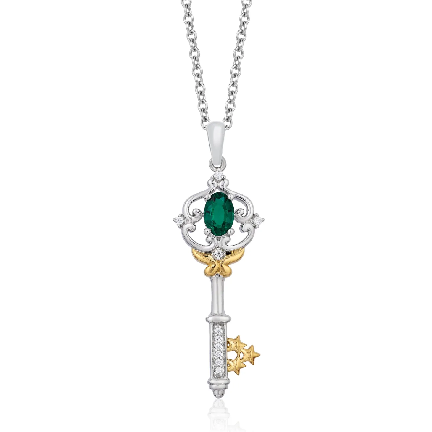 Enchanted Disney Fine Jewelry 14K Yellow Gold over Sterling Silver with 1/20 CTTW Diamond and Created Emerald Tinker Bell Key Pendant Necklace