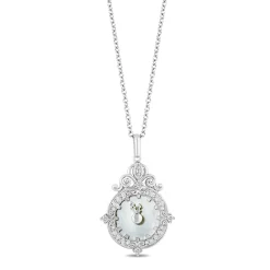 Enchanted Disney Fine Jewelry Sterling Silver with 1/8 CTTW Diamonds and Mother-of-Pearl Face Cinderella Clock Pendant Necklace