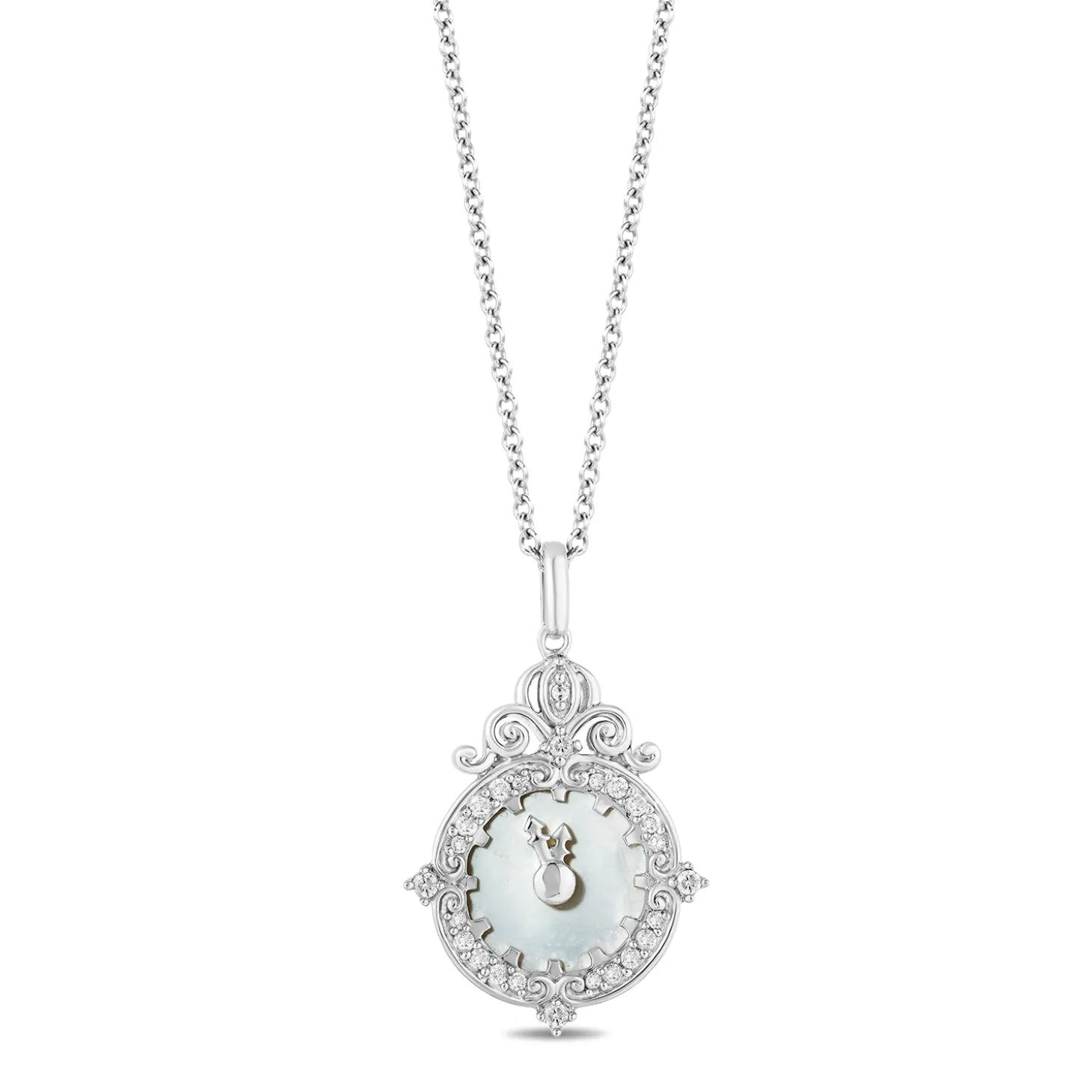 Enchanted Disney Fine Jewelry Sterling Silver with 1/8 CTTW Diamonds and Mother-of-Pearl Face Cinderella Clock Pendant Necklace