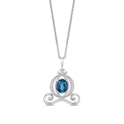Enchanted Disney Fine Jewelry Sterling Silver with 1/10 CTTW Diamond and London Blue Topaz Cinderella Carriage Pendant Necklace