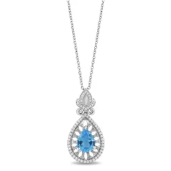 Enchanted Disney Fine Jewelry Sterling Silver with 1/5 CTTW Diamond and Swiss Blue Topaz Jasmine Pendant Necklace