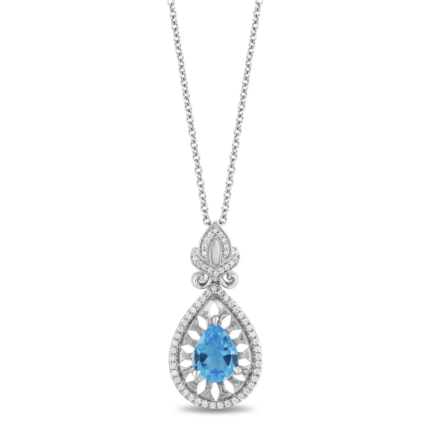 Enchanted Disney Fine Jewelry Sterling Silver with 1/5 CTTW Diamond and Swiss Blue Topaz Jasmine Pendant Necklace