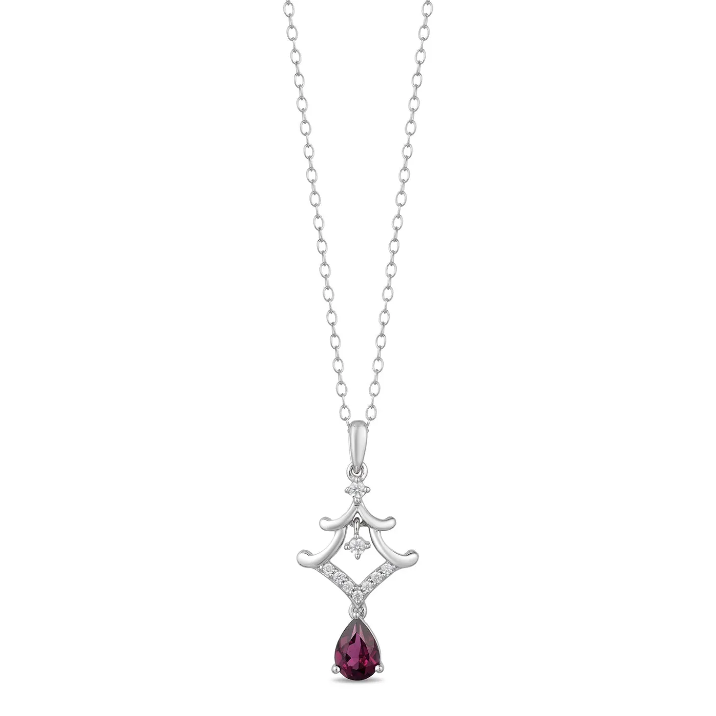 Enchanted Disney Fine Jewelry Sterling Silver with 1/10 CTTW Diamond and Rhodolite Garnet Mulan Pagoda Pendant Necklace