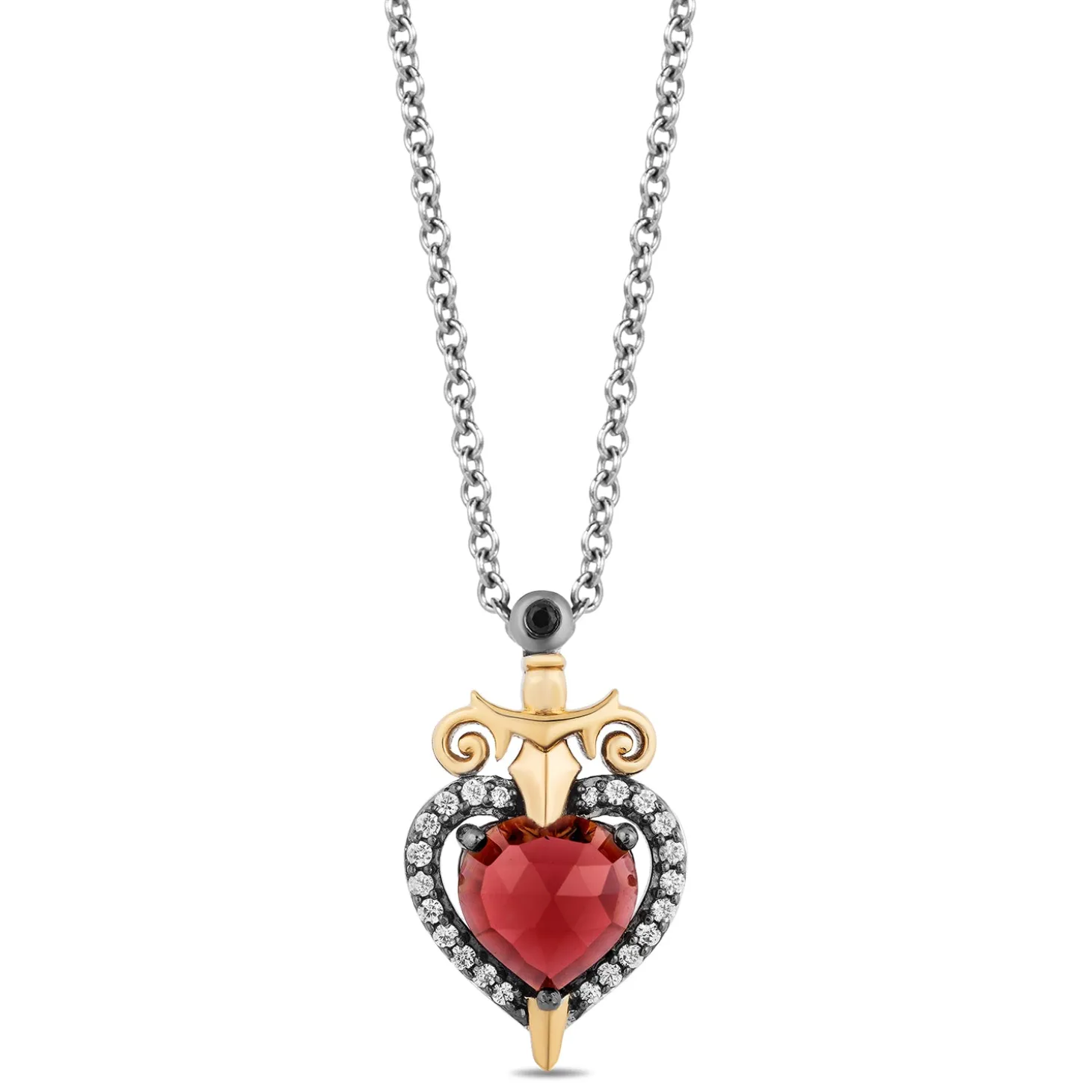 Enchanted Disney Fine Jewelry Black Rhodium Over Sterling Silver and 10K Yellow Gold with 1/10 CTTW Diamond and Red Garnet Evil Queen Pendant Necklace