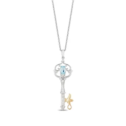 Enchanted Disney Fine Jewelry Sterling Silver And 10K Yellow Gold With 1/20 CTTW Diamond and Swiss Blue Topaz Jasmine Key Pendant Necklace