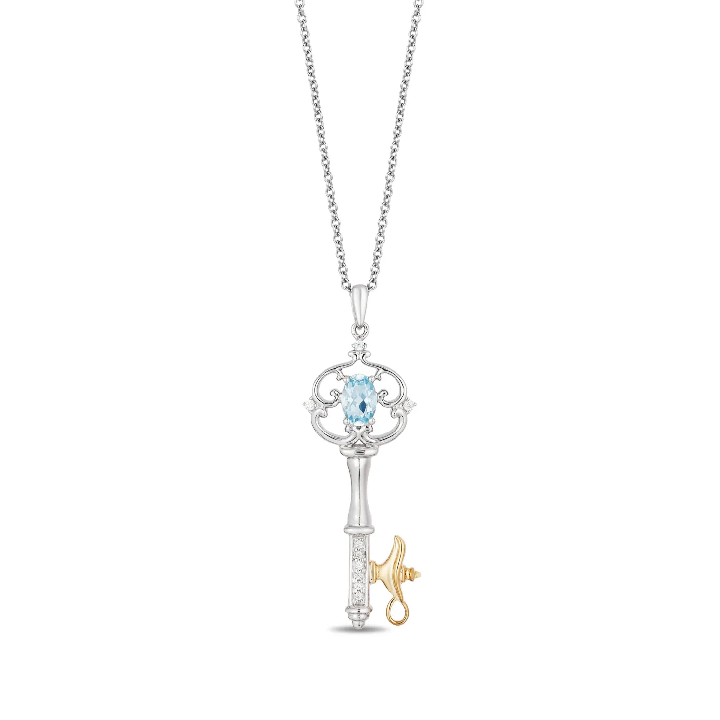 Enchanted Disney Fine Jewelry Sterling Silver And 10K Yellow Gold With 1/20 CTTW Diamond and Swiss Blue Topaz Jasmine Key Pendant Necklace