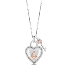 Enchanted Disney Fine Jewelry Celebration Sterling Silver and 10K Rose Gold with 1/6 CTTW Diamond and White Transparent Quartz Heart and Key Majestic Princess Pendant Necklace