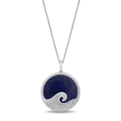 Enchanted Disney Fine Jewelry Sterling Silver 1/6 CTTW Diamond and Lapis Moana Wave Pendant Necklace