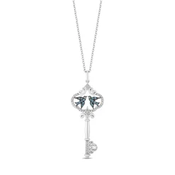 Enchanted Disney Fine Jewelry Sterling Silver with 1/10 CTTW Diamond and London Blue Topaz Cinderella 70th Anniversary Key Pendant Necklace