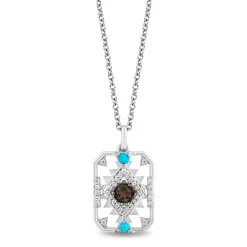 Enchanted Disney Fine Jewelry Sterling Silver with 1/8 CTTW Diamond with Smokey Quartz and Turquoise Pocahontas Pendant Necklace
