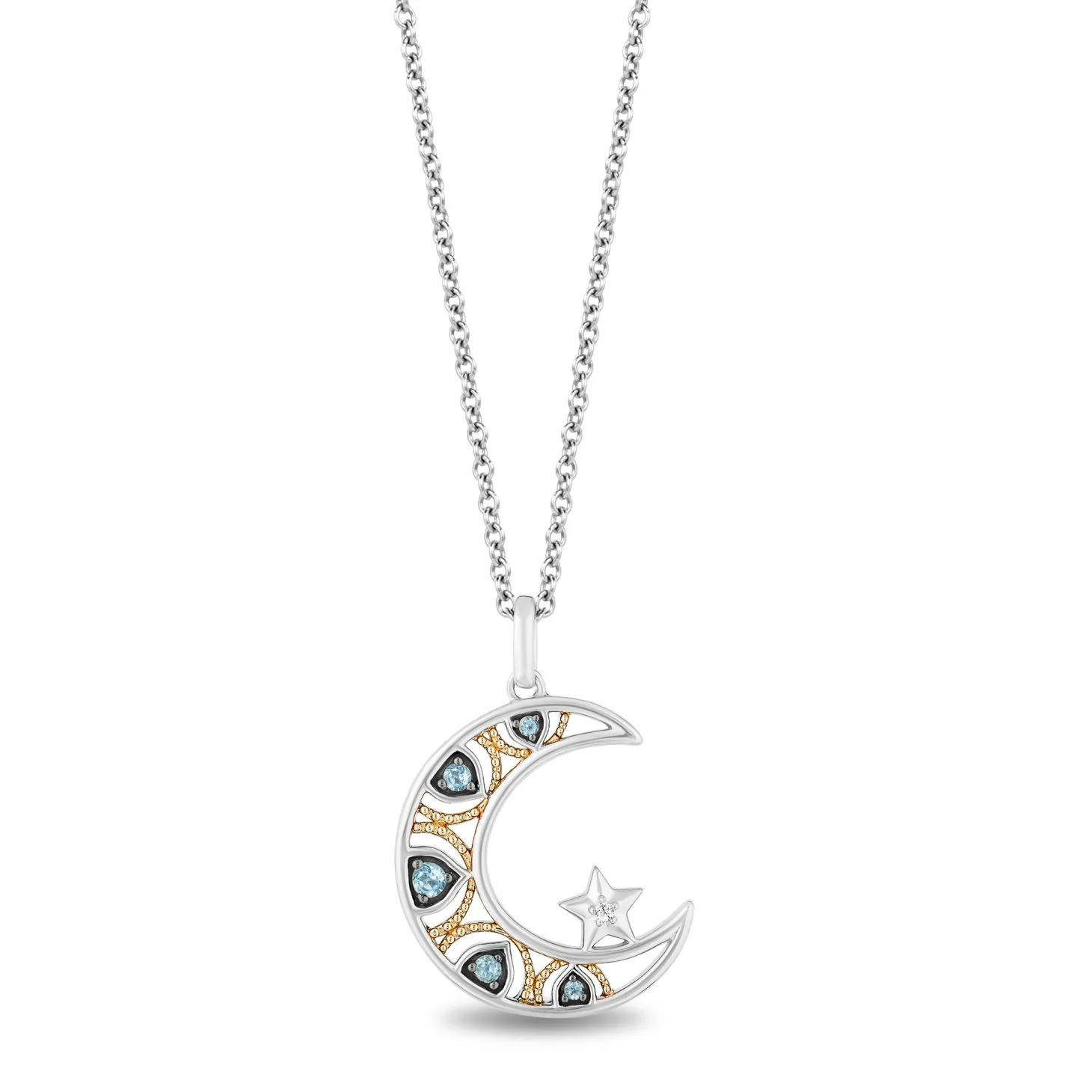 Enchanted Disney Fine Jewelry Sterling Silver and 10K Yellow Gold Diamond and Blue Topaz Aladdin 30th Anniversary Jasmine Star & Moon Pendant Necklace