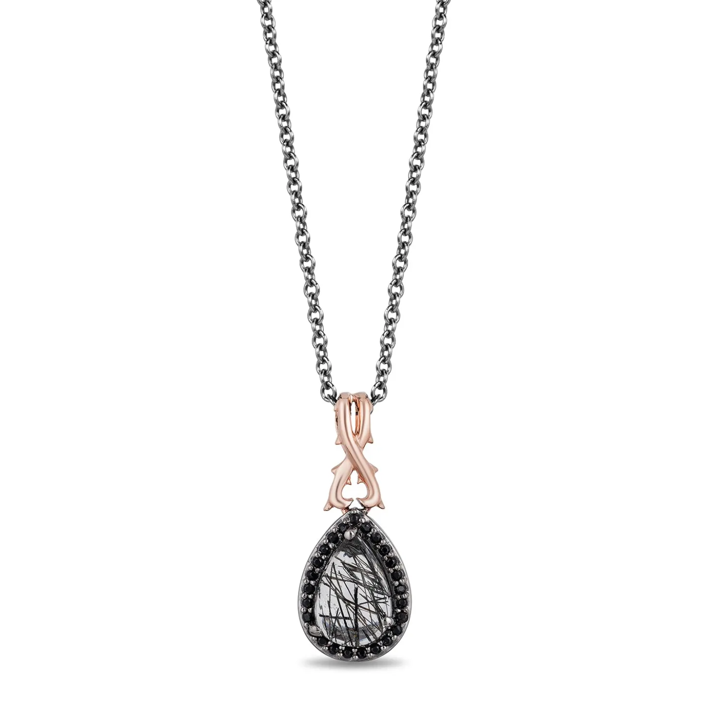 Enchanted Disney Fine Jewelry Black Rhodium over Sterling Silver and 10K Rose Gold with 1/10 CTTW Diamond and Rutile Quartz Maleficent Pendant Necklace