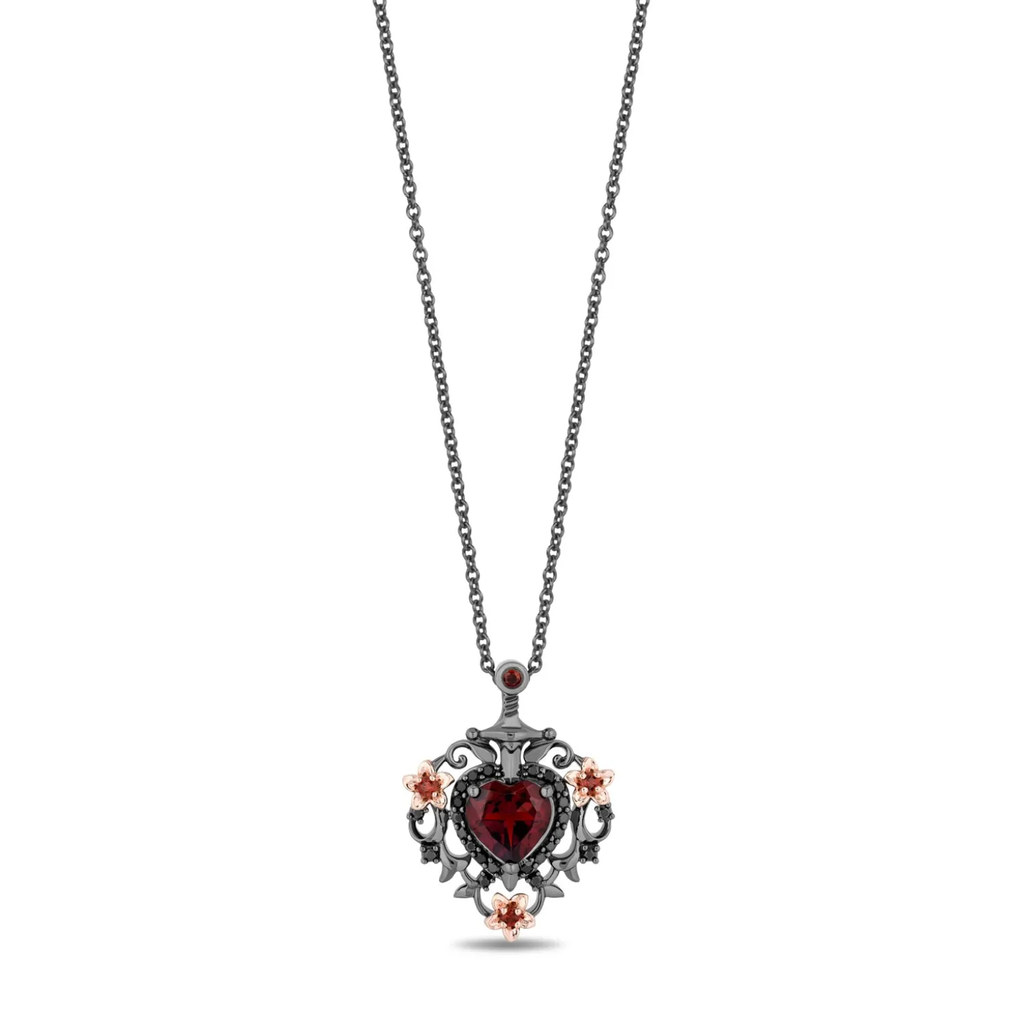 Enchanted Disney Fine Jewelry Black Rhodium over Sterling Silver and 10K Rose Gold with 1/5 CTTW Black Diamond and Red Garnet Snow White 85th Anniversary Collector’s Edition Evil Queen Pendant Necklace