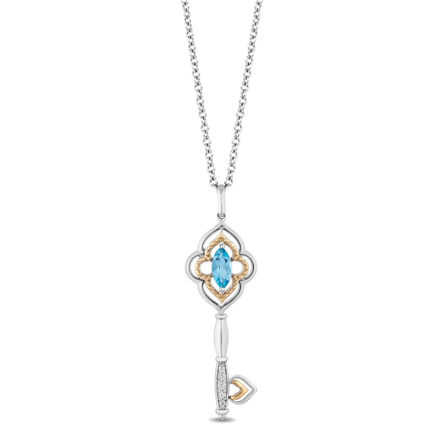 Enchanted Disney Fine Jewelry Sterling Silver and 10K Yellow Gold with 1/20 CTTW Diamond And Swiss Blue Topaz Jasmine Pendant Necklace