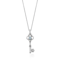 Enchanted Disney Fine Jewelry Sterling Silver with Diamond Accent and Aquamarine Elsa Snowflake Key Pendant Necklace