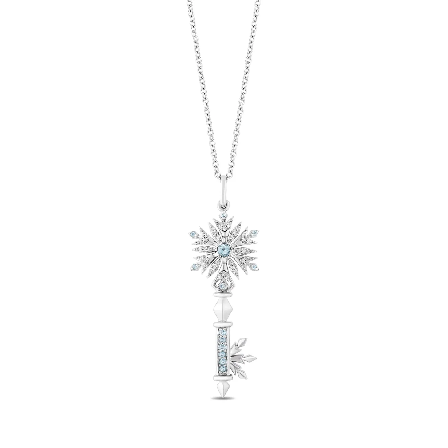 Enchanted Disney Fine Jewelry Sterling Silver with 1/10 CTTW Diamond and Sky Blue Topaz & Swiss Blue Topaz Elsa Key Pendant Necklace
