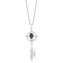 Enchanted Disney Fine Jewelry Sterling Silver and 10K Yellow Gold with 1/20 CTTW Diamond and Smokey Quartz Pocahontas Key Pendant Necklace