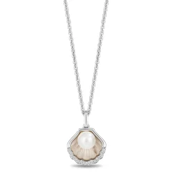 Enchanted Disney Fine Jewelry Sterling Silver with 1/20 CTTW Diamonds and Pearl Ariel Shell Pendant Necklace