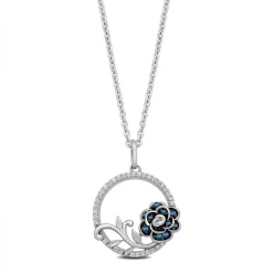 Enchanted Disney Fine Jewelry Sterling Silver with 1/6 CTTW Diamond and London Blue Topaz Cinderella 70th Gardania Flower Circle Pendant Necklace