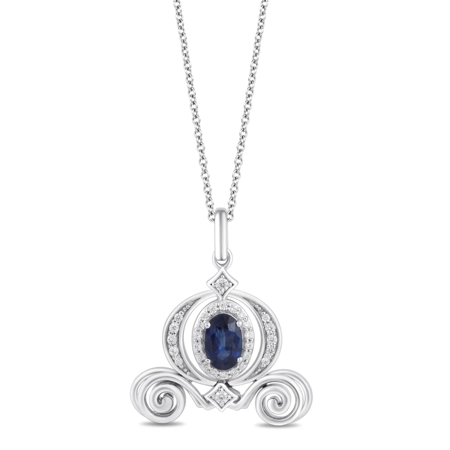 Enchanted Disney Fine Jewelry Sterling Silver with 1/6 CTTW Diamond and Blue Sapphire Cinderella Carriage Pendant Necklace