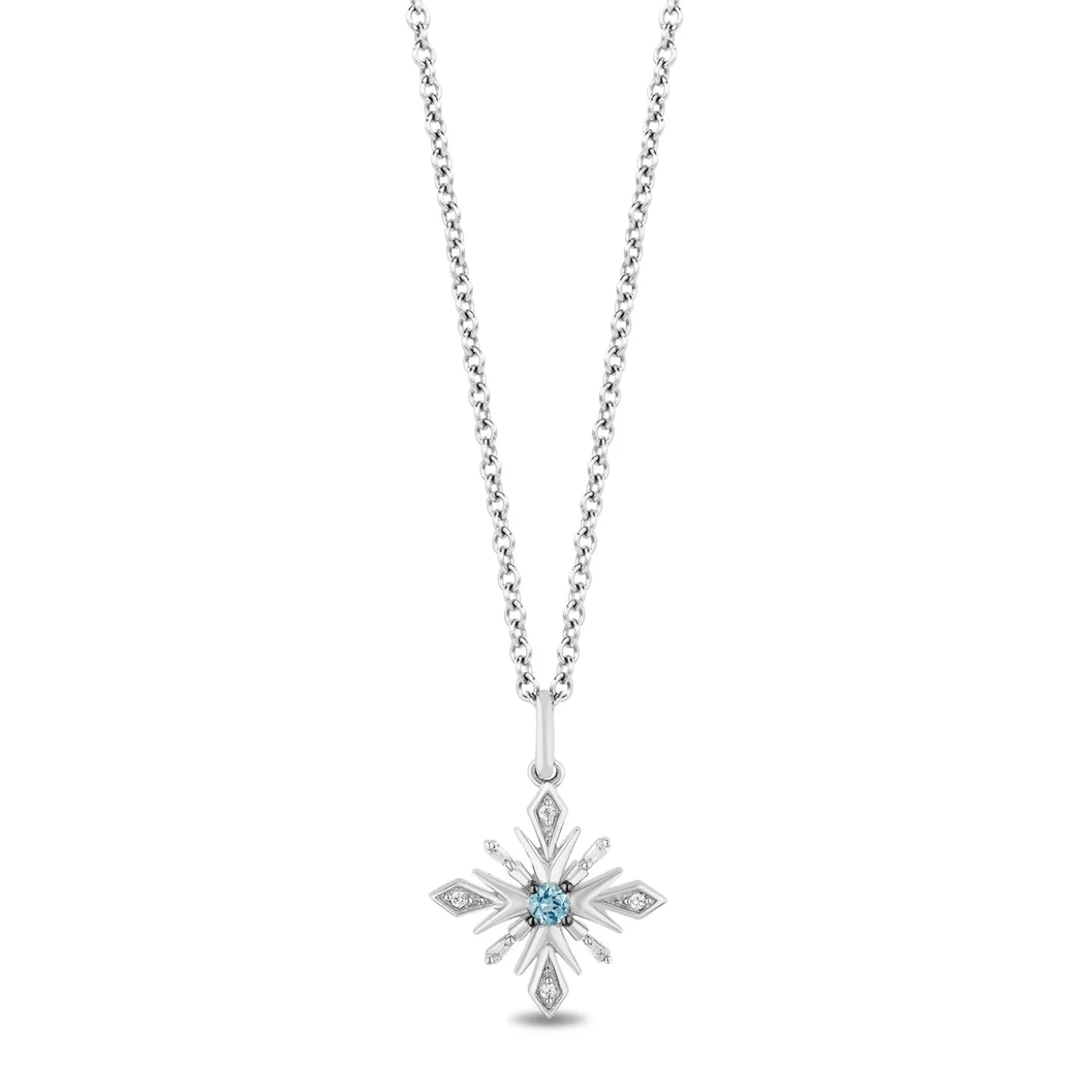 Enchanted Disney Fine Jewelry Sterling Silver Tapper Baguette and Round 1/20 CTTW Diamonds With Swiss Blue Topaz Elsa Pendant Necklace