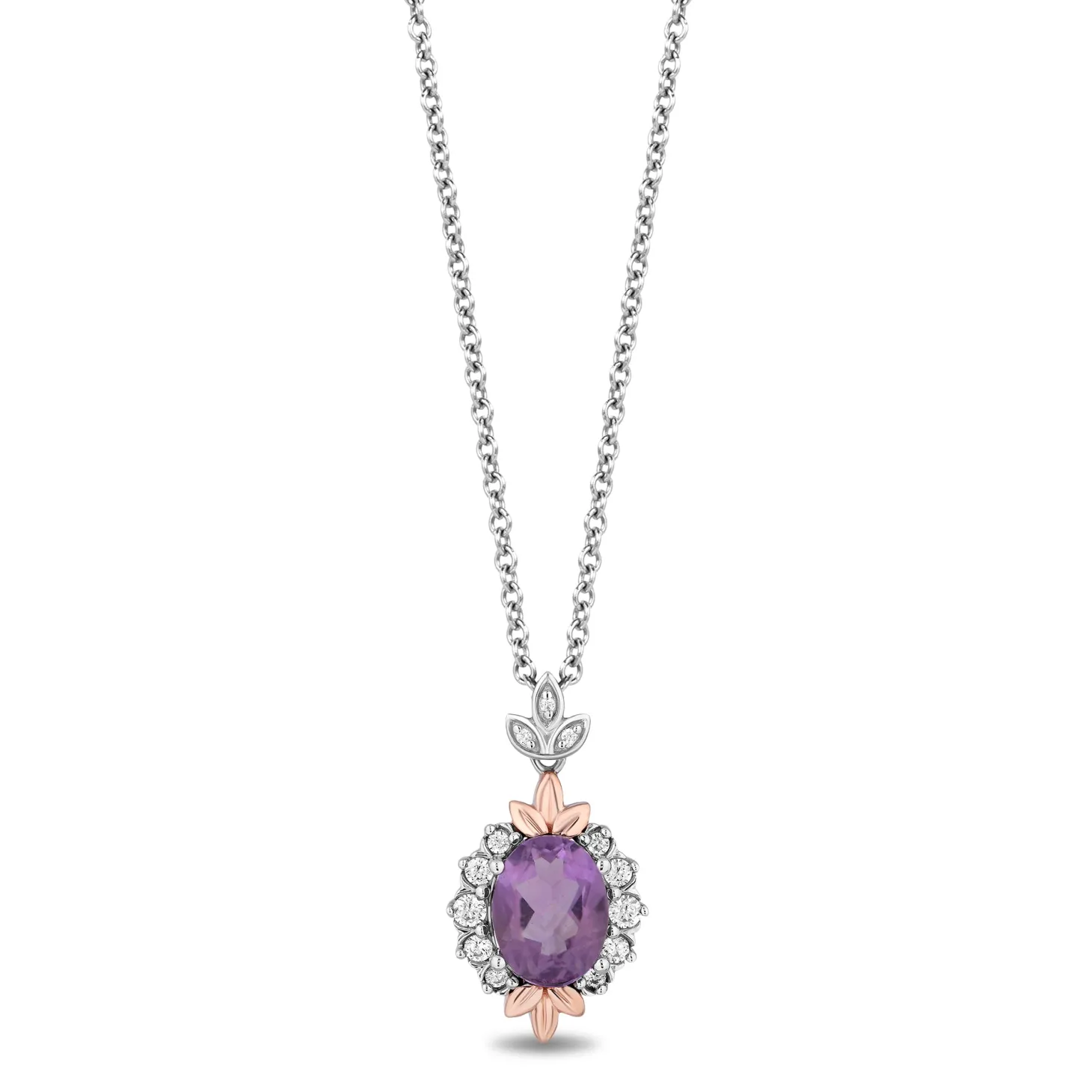 Enchanted Disney Fine Jewelry Sterling Silver and 10K Rose Gold 1/6 CTTW Diamond and Rose De France Rapunzel Drop Pendant Necklace