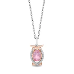 Enchanted Disney Fine Jewelry Sterling Silver and 10K Rose Gold with 1/10 CTTW Diamond and Pink Quartz Aurora Owl Pendant Necklace