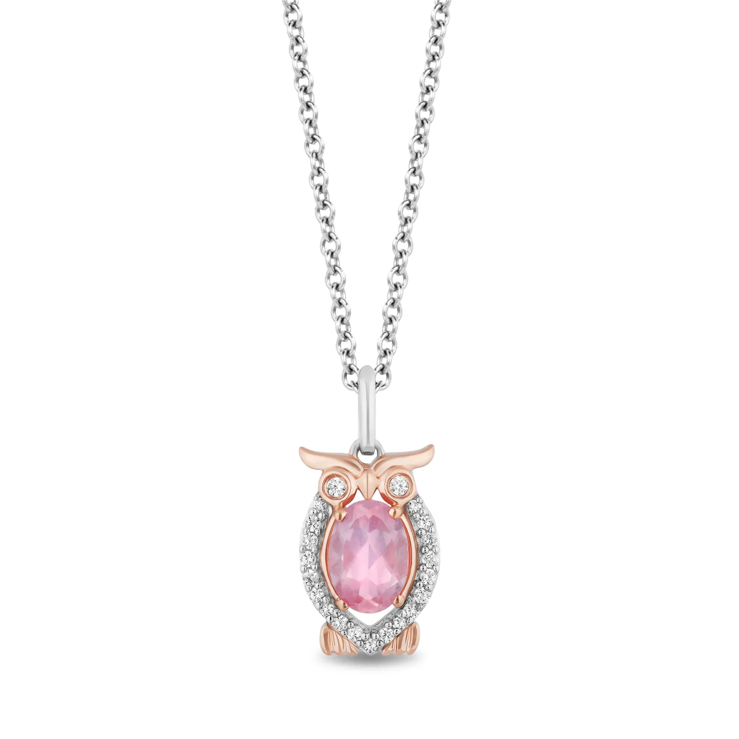 Enchanted Disney Fine Jewelry Sterling Silver and 10K Rose Gold with 1/10 CTTW Diamond and Pink Quartz Aurora Owl Pendant Necklace