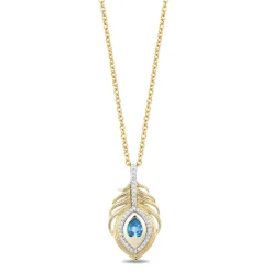 Enchanted Disney Fine Jewelry 10K Yellow Gold with 1/8 CTTW Diamonds and Swiss Blue Topaz Jasmine Peacock Feather Pendant Necklace