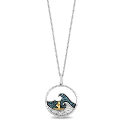 Enchanted Disney Fine Jewelry Sterling Silver and 10K Yellow Gold with 1/10 CTTW Diamonds and London Blue Topaz Moana Wave Pendant Necklace