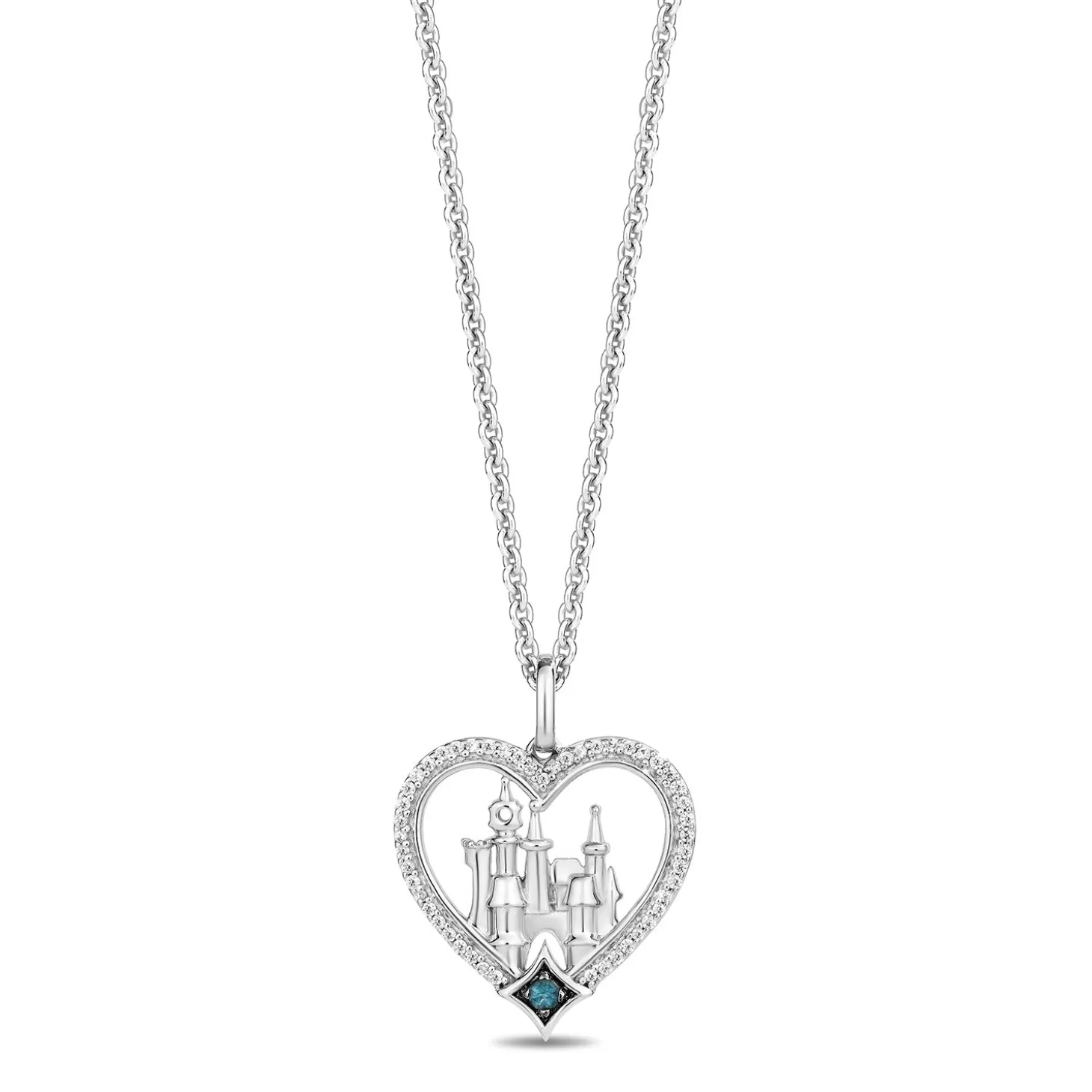 Enchanted Disney Fine Jewelry Sterling Silver with 1/10 CTTW Diamonds and London Blue Topaz Cinderella Castle Pendant Necklace
