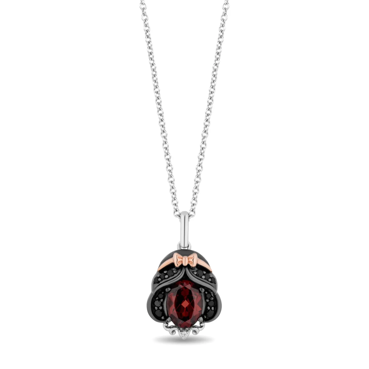 Enchanted Disney Fine Jewelry Black Rhodium Over Sterling Silver and 10K Rose Gold 1/7 CTTW Black Diamond and White Diamond with Red Garnet Snow White Pendant Necklace