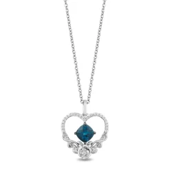 Enchanted Disney Fine Jewelry Sterling Silver With 1/8 CTTW Diamond and Checkerboard Cushion London Blue Topaz Cinderella Heart Pendant Necklace