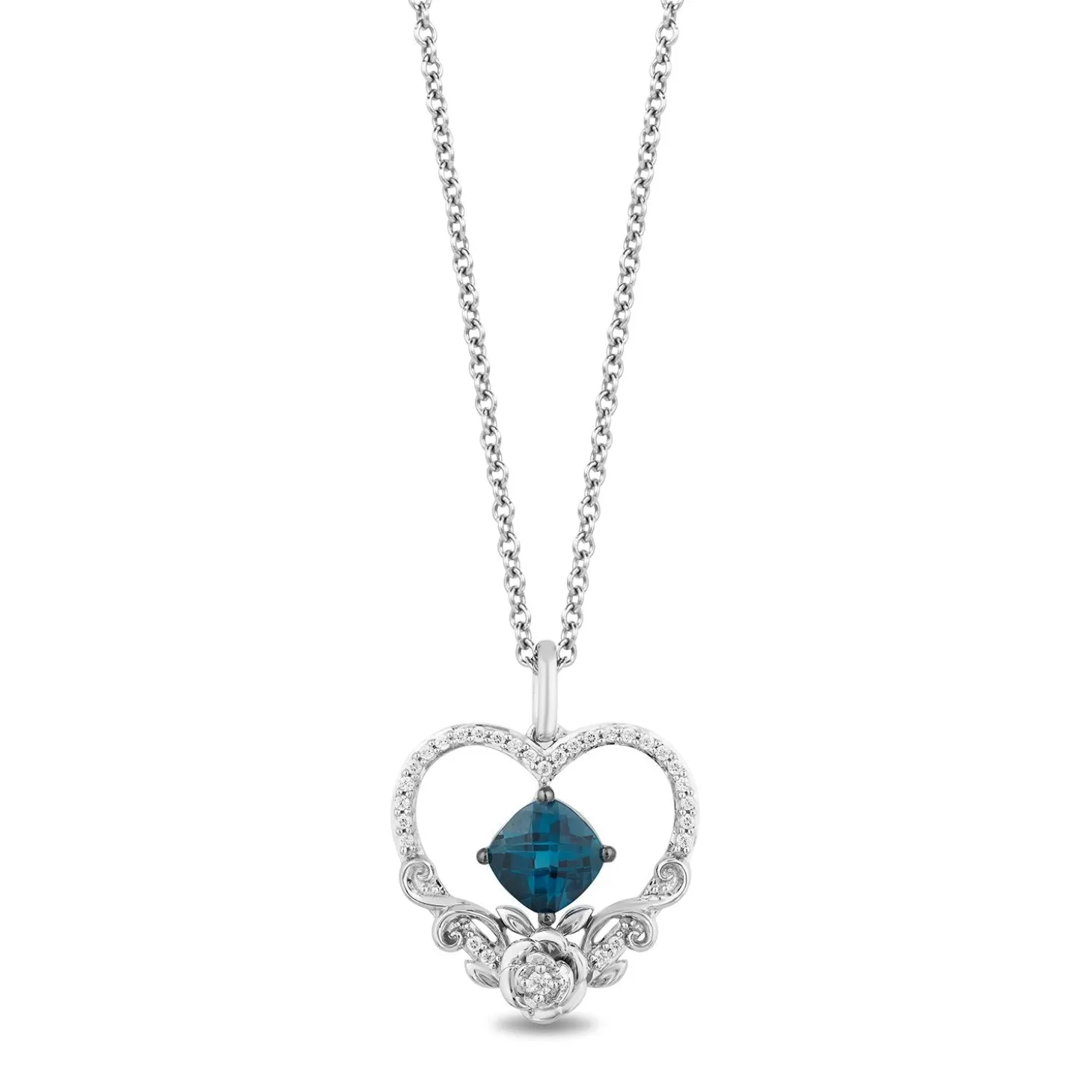 Enchanted Disney Fine Jewelry Sterling Silver With 1/8 CTTW Diamond and Checkerboard Cushion London Blue Topaz Cinderella Heart Pendant Necklace