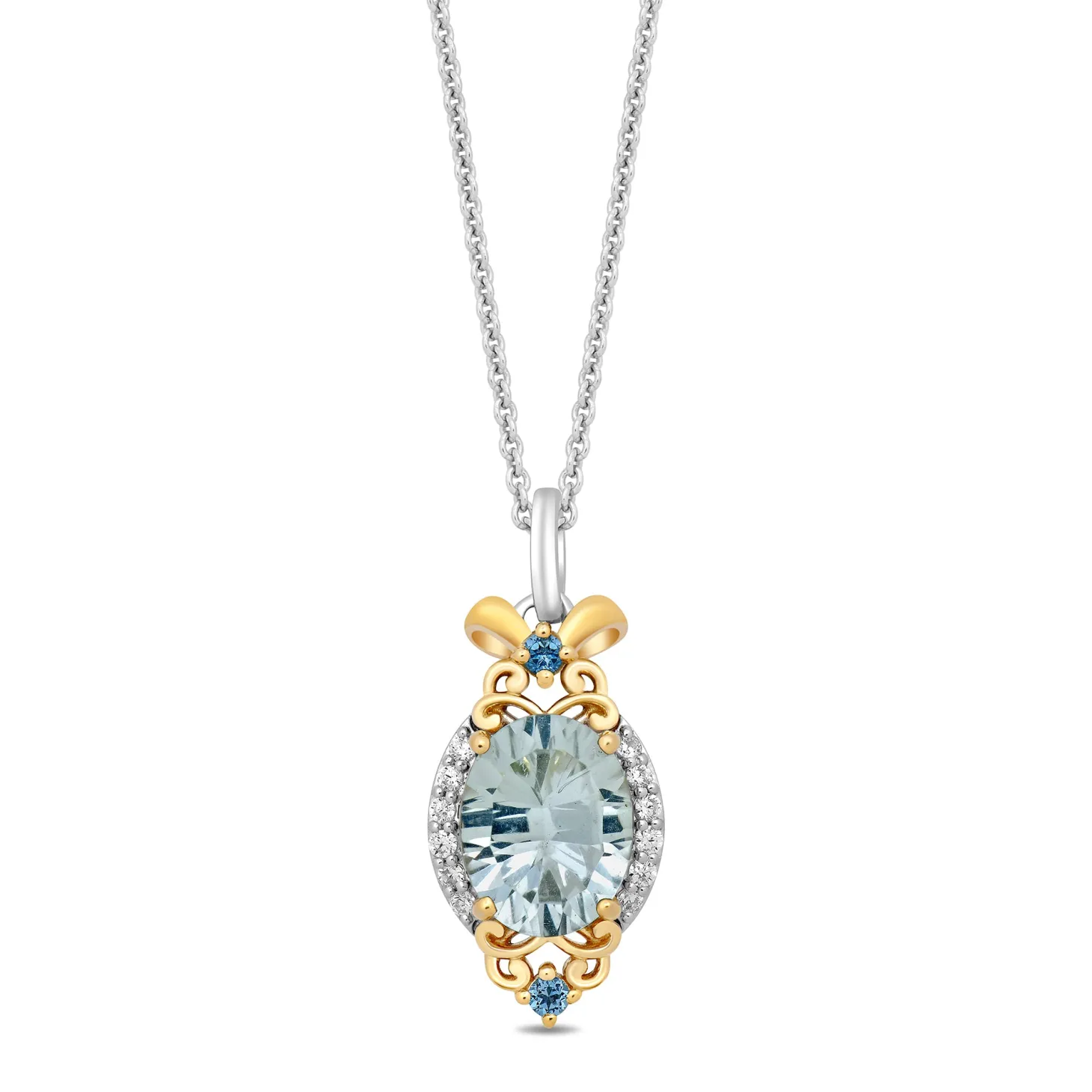 Enchanted Disney Fine Jewelry Sterling Silver and 10K Yellow Gold 1/10 CTTW Diamond with Green Amethyst and London Blue Topaz Stepsisters Pendant Necklace
