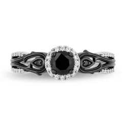Enchanted Disney Fine Jewelry 14K White Gold with Black Rhodium Maleficent Halo Engagement Ring with 1/2 CT Black Diamond Center and 3/4 CTTW Diamonds