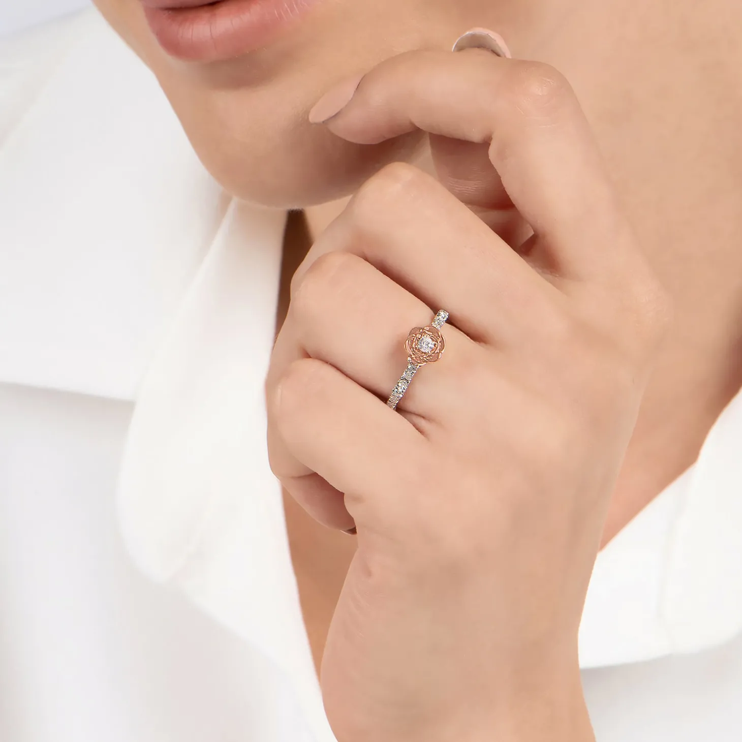 Enchanted Disney Fine Jewelry Sterling Silver And 10K Rose Gold With 1/4 CTTW Diamond Belle Rose Promise Ring