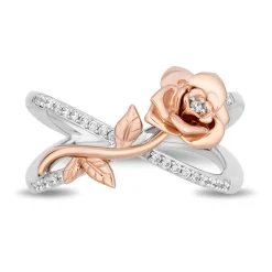 Enchanted Disney Fine Jewelry Sterling Silver and 10K Rose Gold 1/7 CTTW Diamond Belle Rose Cross Ring