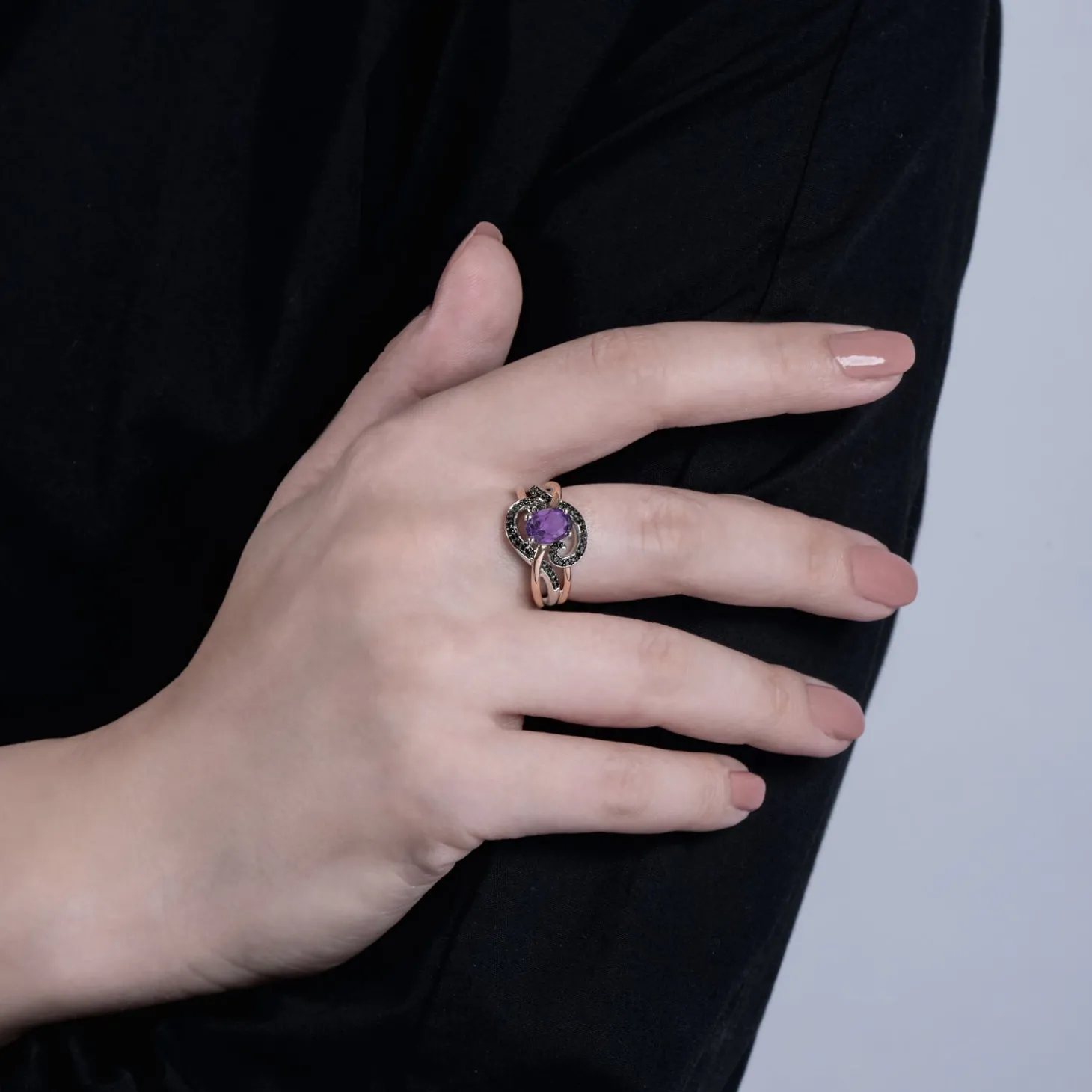 Enchanted Disney Fine Jewelry 14K Rose Gold over Sterling Silver Black Rhodium with 1/5 CTTW Diamond and Amethyst Ursula Ring