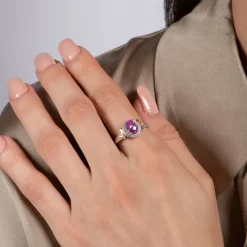 Enchanted Disney Fine Jewelry 14K Rose Gold over Sterling Silver with 1/10 CTTW Diamond and Created Pink Sapphire Aurora Crown Ring
